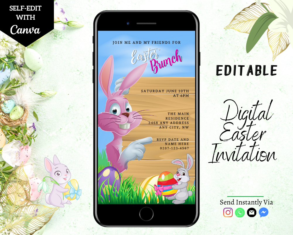 Cell phone displaying a digital Easter invitation featuring a cartoon bunny with eggs. Editable for events via Canva on smartphones.