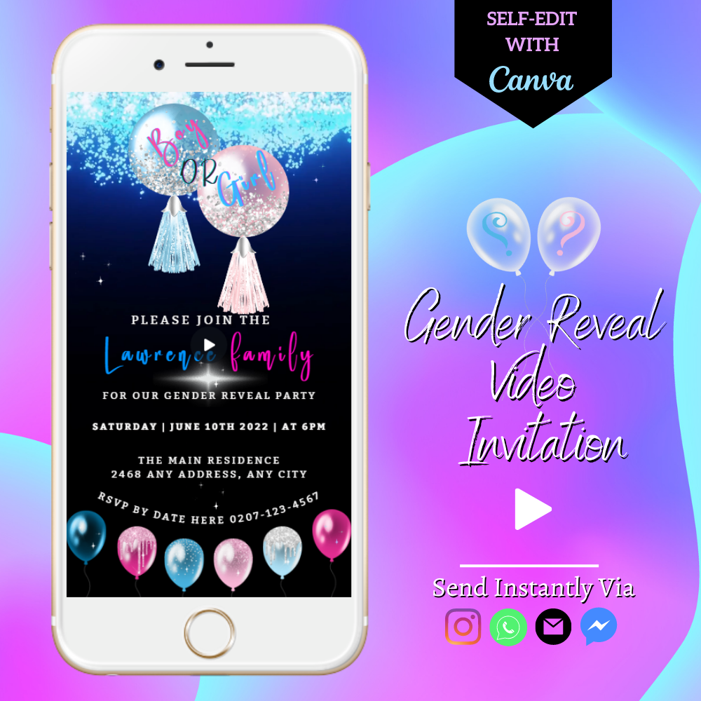 Customizable Digital Confetti Rain Sparkle Balloons Gender Reveal Party Video Invitation displayed on a white smartphone screen with festive balloons and editable text.