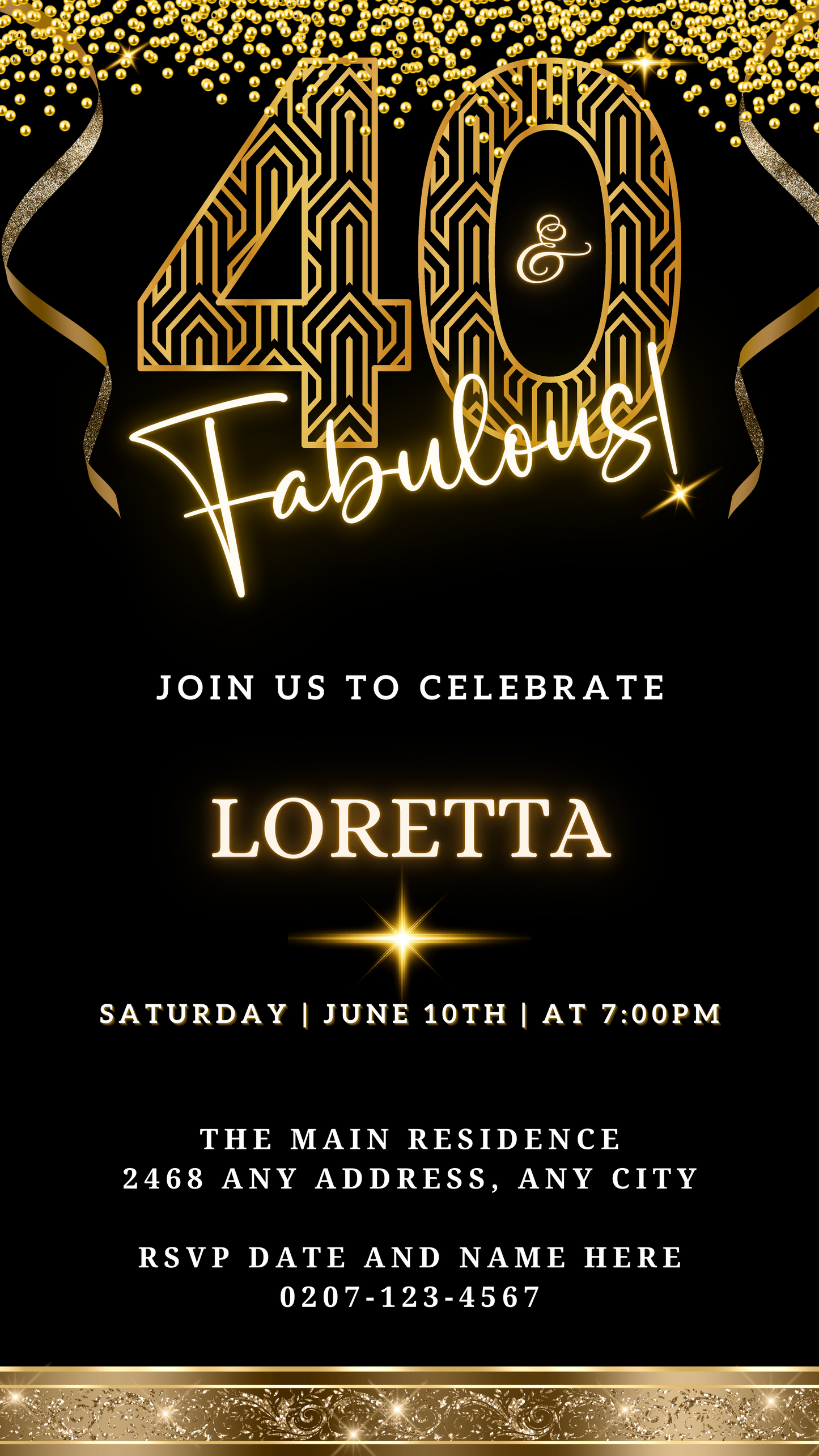 Gold Neon Glitter Black | 40 & Fabulous Party Evite featuring elegant black and gold design, customizable text, and editable in Canva for digital invitations.