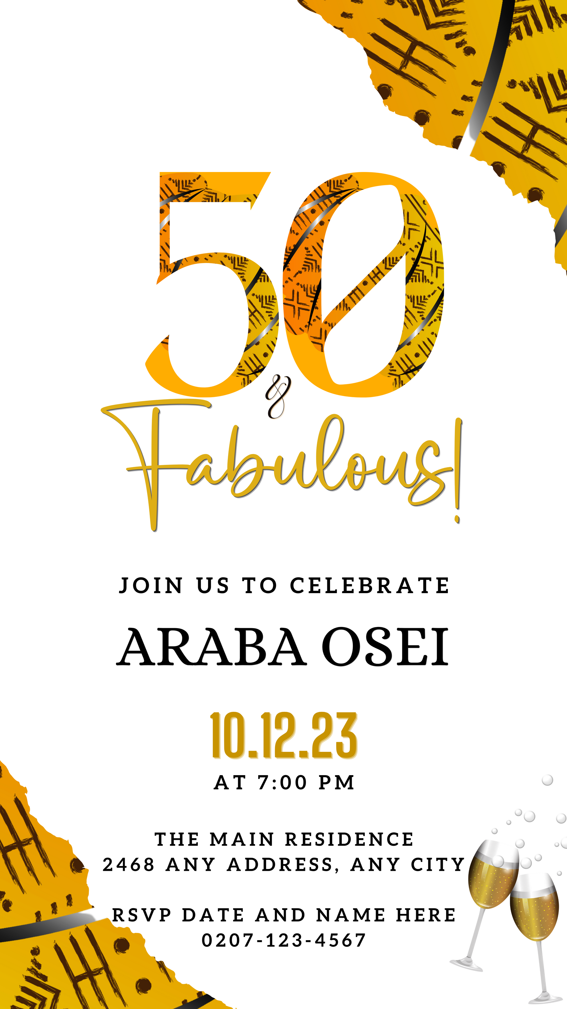 Customizable African Ankara Yellow White | 50 & Fabulous Birthday Evite, showcasing a vibrant design with editable text for personalizing event details via Canva.