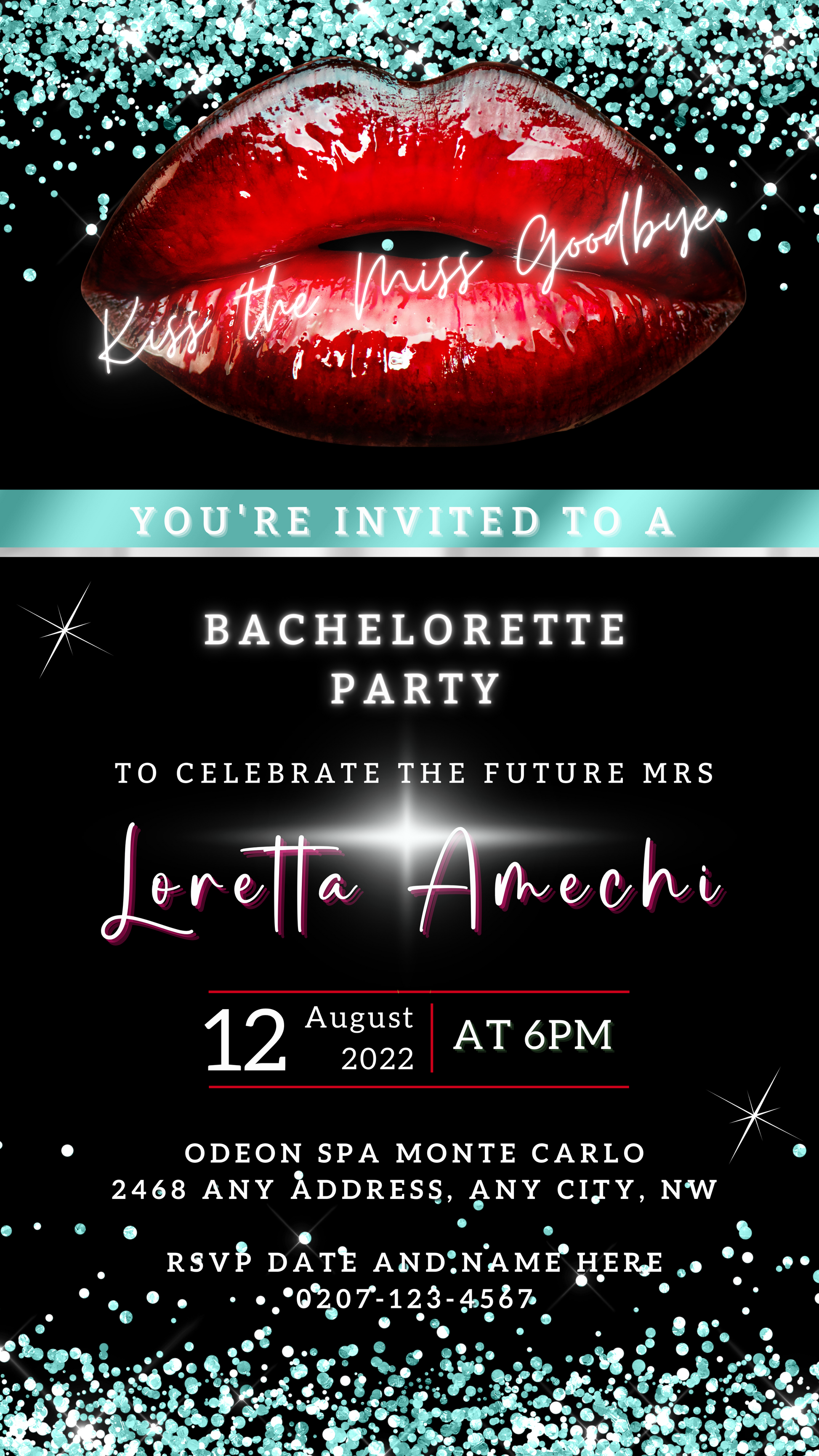 Red Hot Lips Teal Glitter Bachelorette Party Evite, featuring customizable text, lips graphic, and editable template for digital invitations using Canva.
