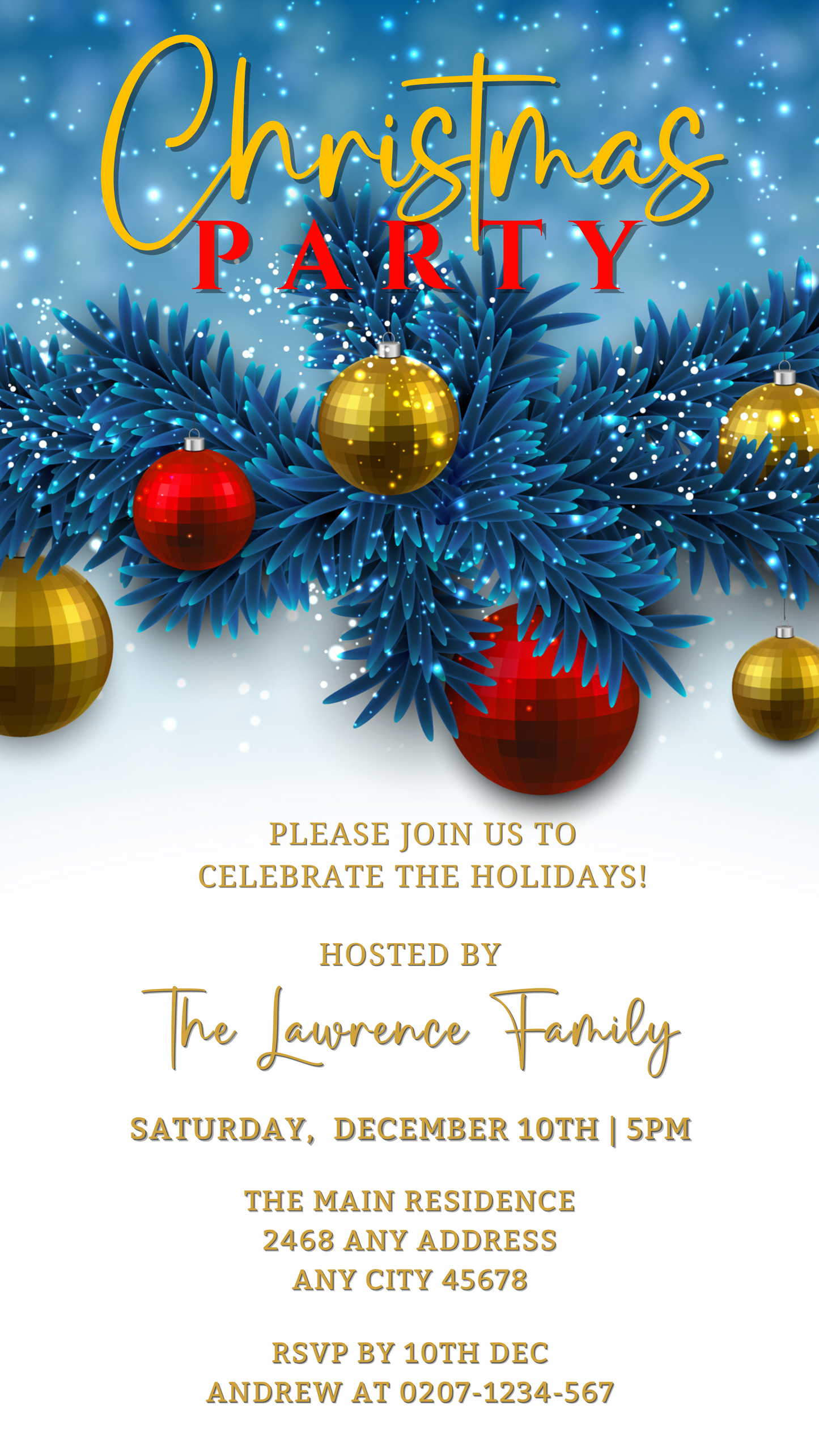 Blue Gold Red Ornaments Christmas Party Invitation template featuring festive ornaments on a pine tree branch, editable via Canva for personalized digital invites.