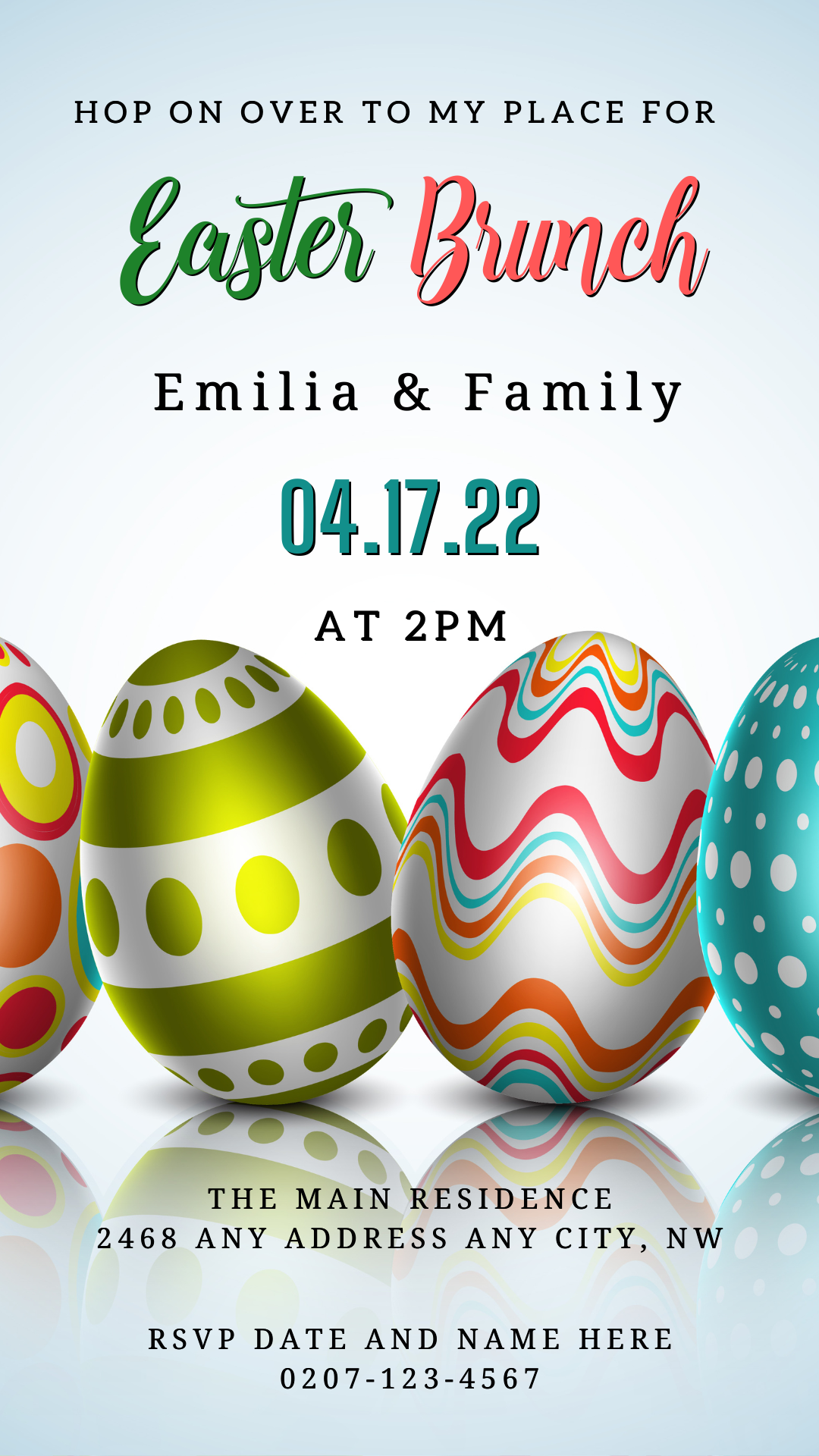 Colourful Easter Eggs | Easter Brunch Party Evite, featuring editable digital eggs on a customizable template for easy personalization via smartphone or PC using Canva.