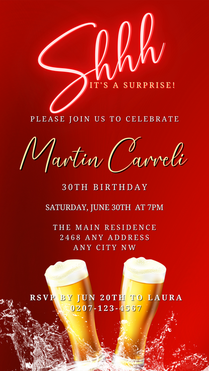 Men's Red Neon Beer Splash | Surprise Birthday Evite featuring two glasses of beer, customizable digital invitation, editable in Canva for sharing via smartphone.
