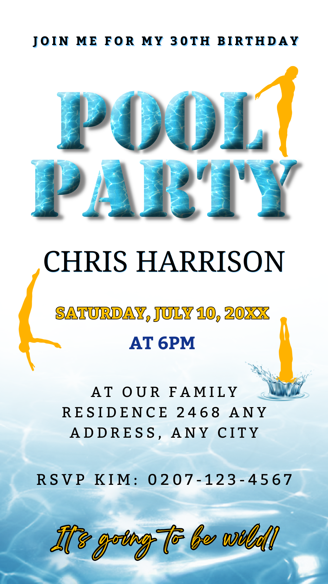 Splash Swimming Pool digital party invitation with customizable text, water splash graphics, and people jumping into a pool. Downloadable, editable via Canva for smartphone sharing.