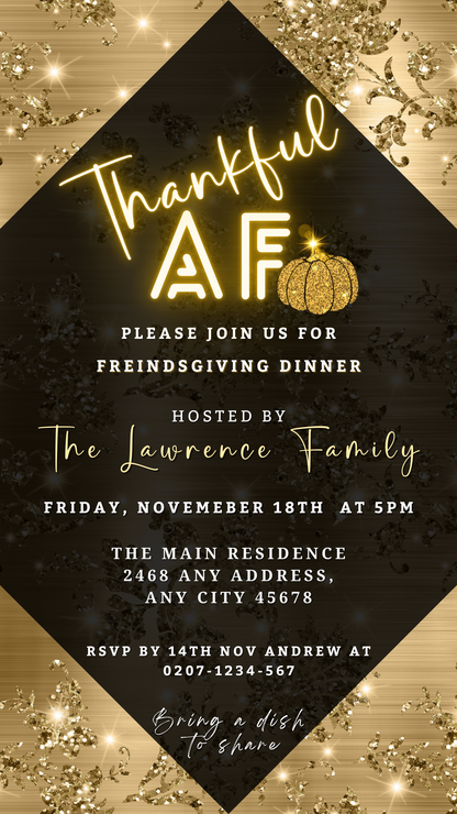 Black and gold Thankful AF Golden Leaves Diamond Thanksgiving dinner invitation with a pumpkin, editable via Canva. Includes digital and printable formats.