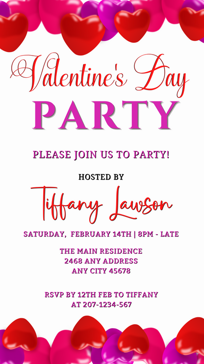 Pink Red Hearts | Valentines Party Evite: Editable digital invitation template with heart-themed design, customizable via Canva for smartphone sharing.