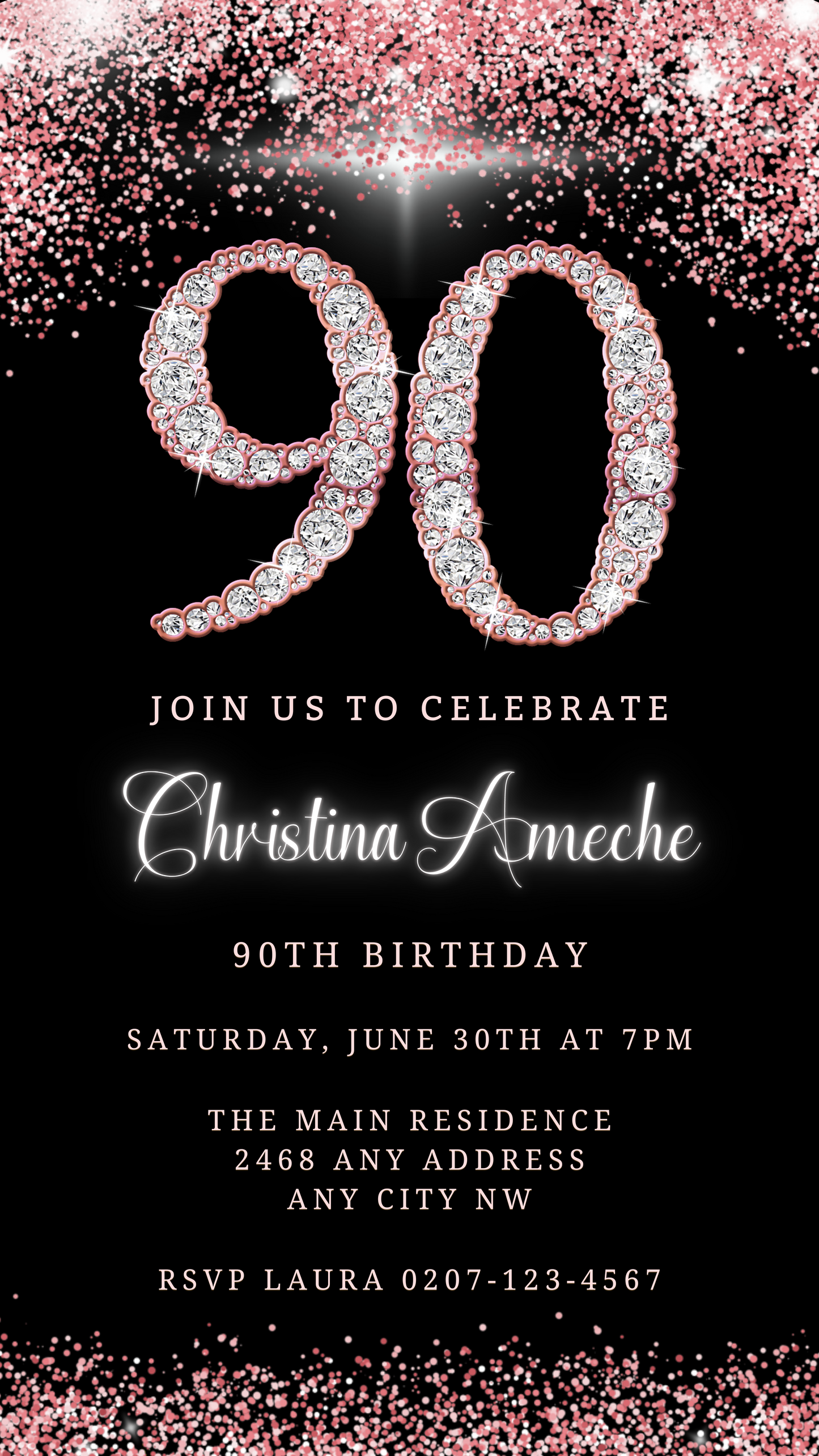 Rose Gold Diamond Glitter 90th Birthday Evite with customizable text, featuring a black and white invitation design, diamonds, and editable via Canva for digital sharing.