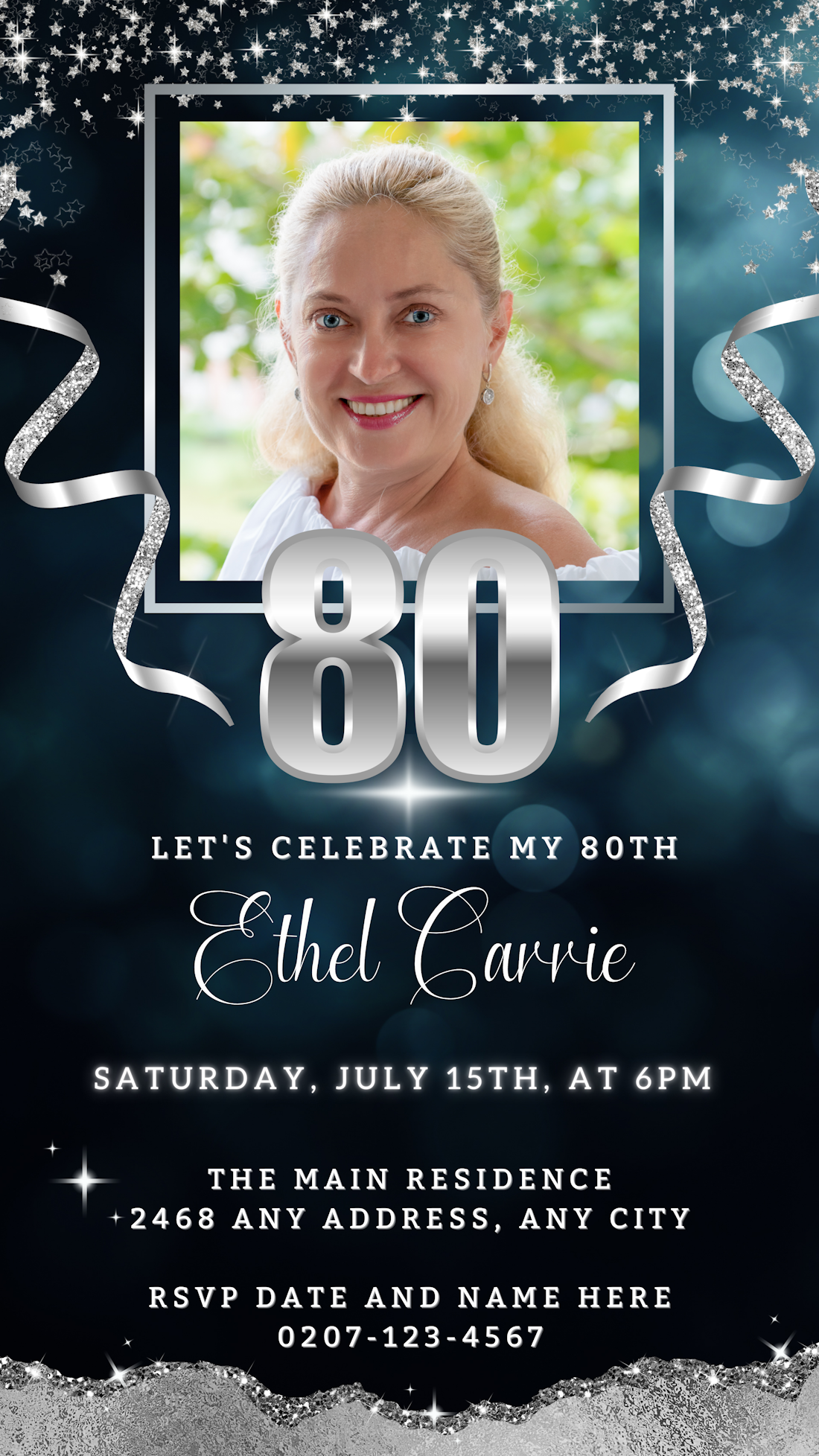 Customizable Digital Navy Blue Silver Glitter 80th Birthday Evite featuring a smiling woman. Editable via Canva for personalized event details. Downloadable and shareable electronically.