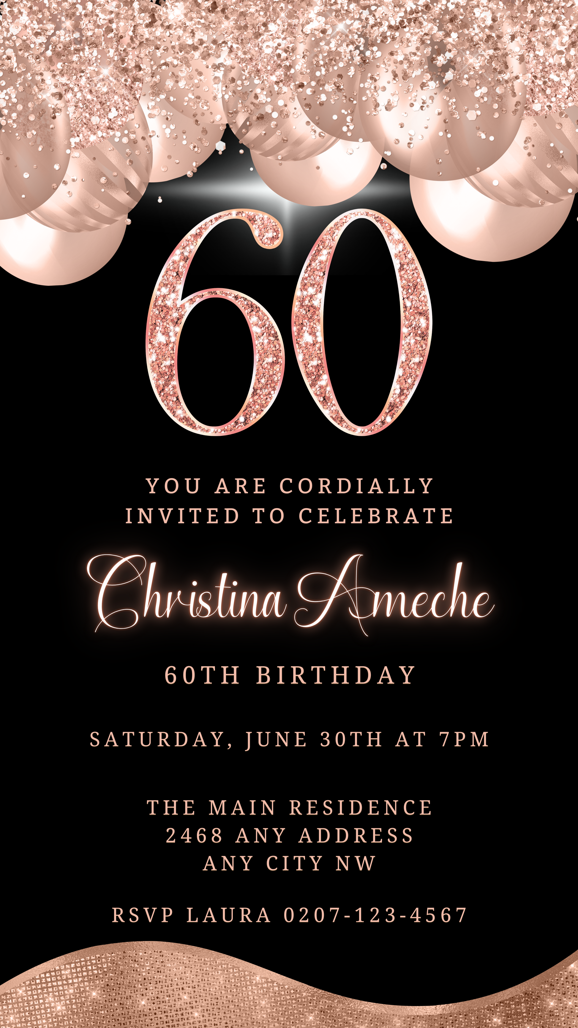 Customizable Rose Gold Balloons Glitter 60th Birthday Evite featuring black and gold design with pink glittery accents, editable in Canva for instant download and electronic sharing.