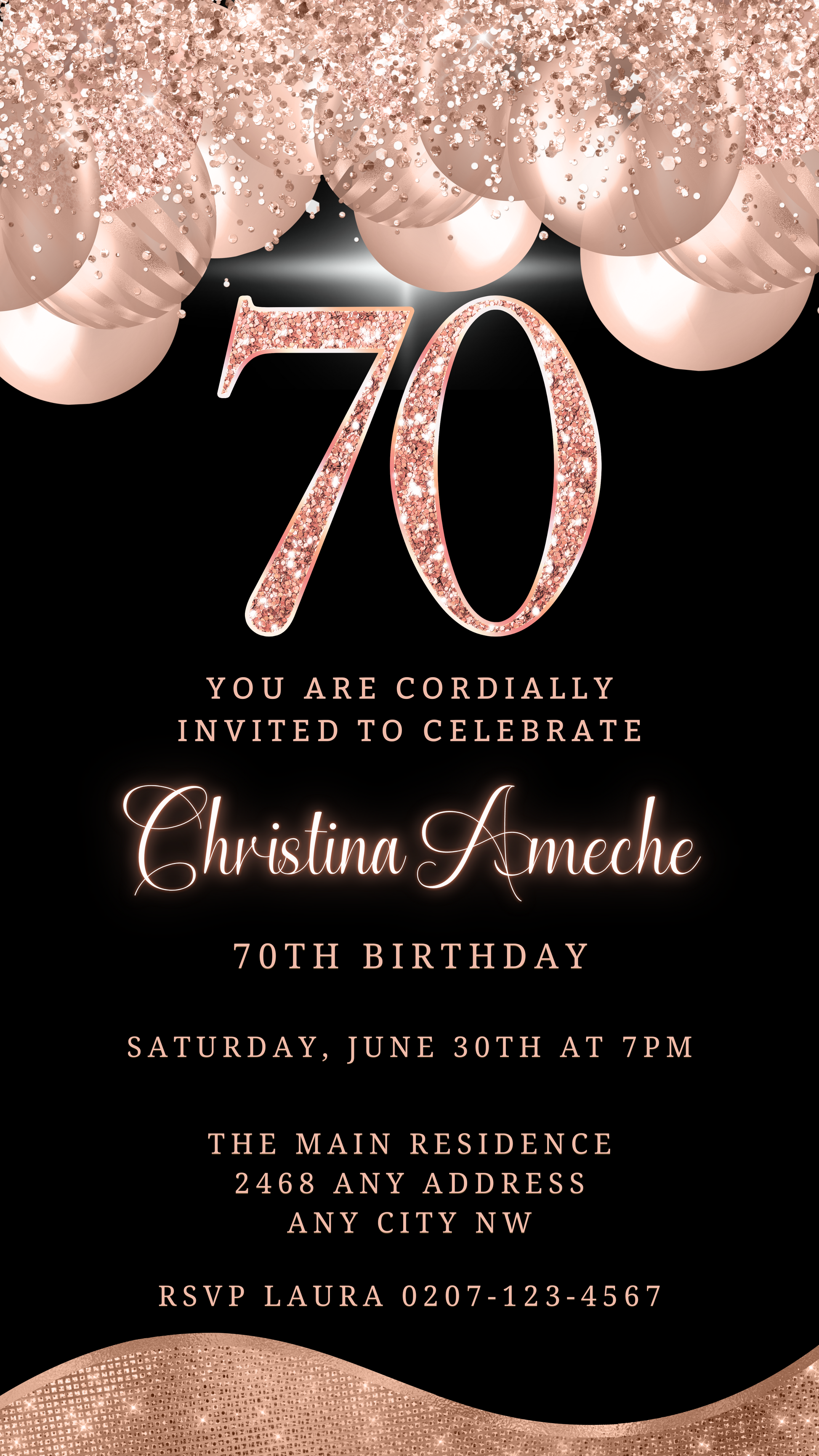 Customizable digital 70th birthday invitation featuring rose gold balloons and glitter, editable via Canva for easy personalization and electronic sharing.