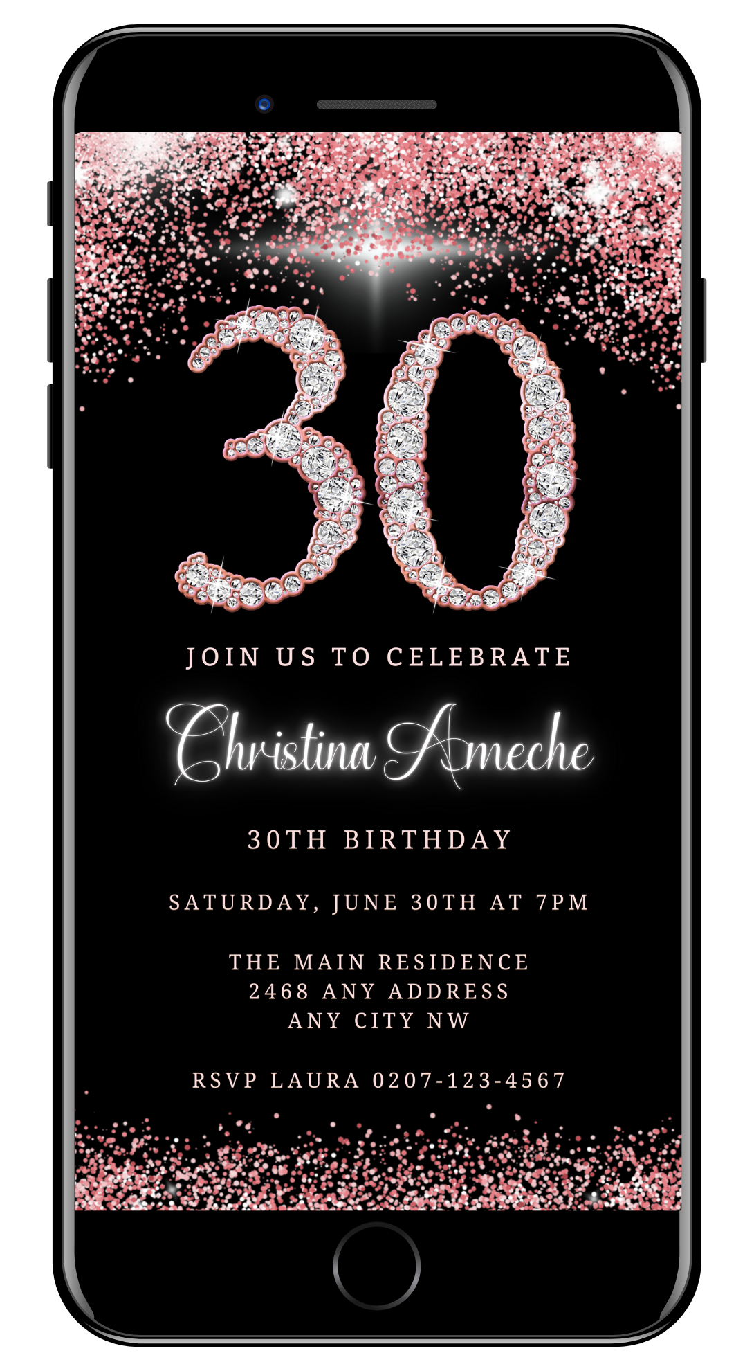 Customisable Rose Gold Glitter Diamond 30th Birthday Evite displayed on a smartphone screen, showcasing editable text and diamond graphic elements for a digital invitation.