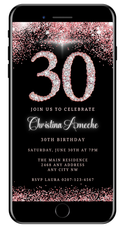 Customisable Rose Gold Glitter Diamond 30th Birthday Evite displayed on a smartphone screen, showcasing editable text and diamond graphic elements for a digital invitation.