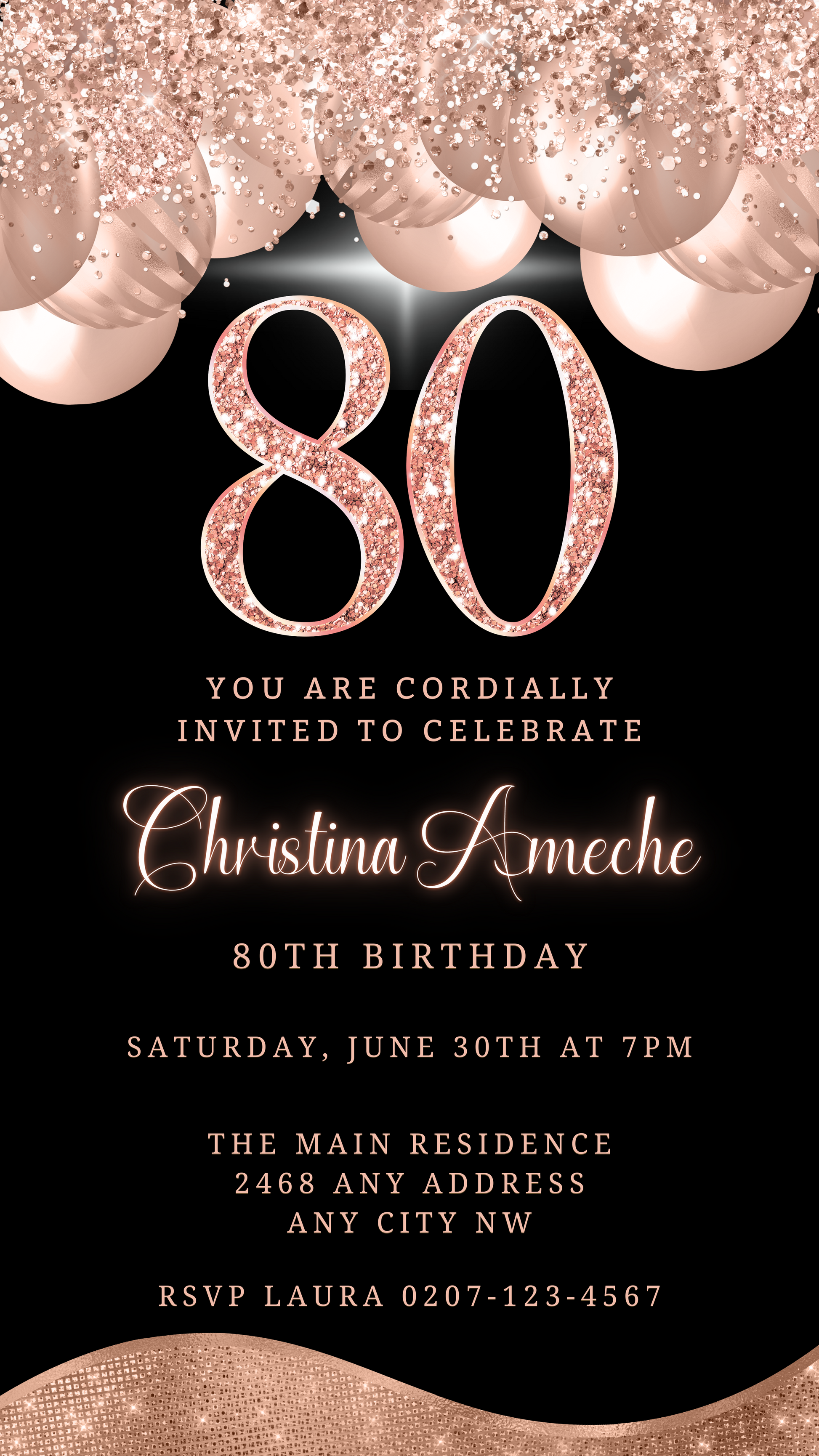 Customizable 80th Birthday Evite featuring rose gold balloons and glitter, with editable text and elements for personalizing in Canva. Ideal for sharing via smartphone.