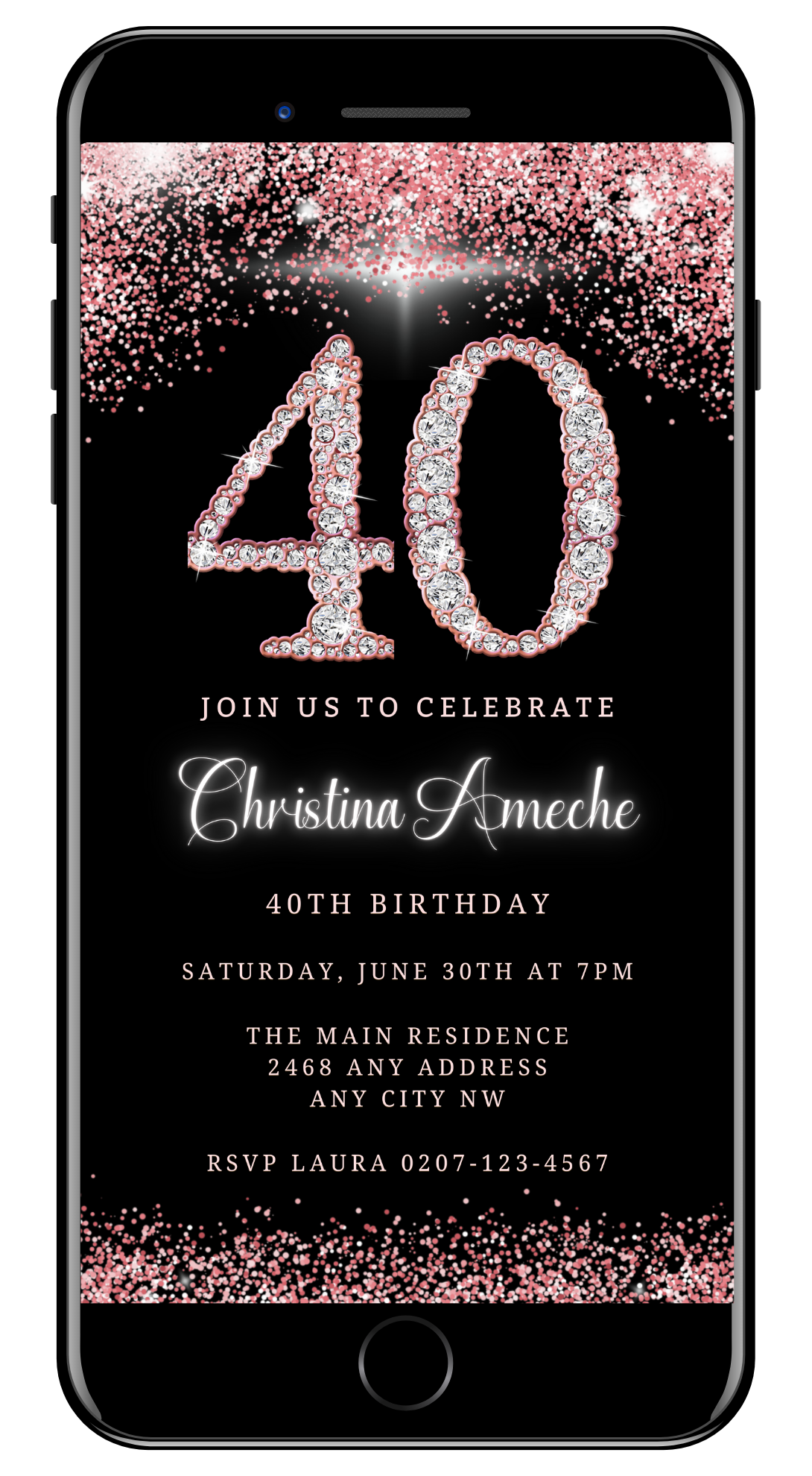 Customizable Digital Rose Gold Glitter Diamond 40th Birthday Evite displayed on a smartphone screen, featuring editable text and diamond accents, available for instant download and personalization.