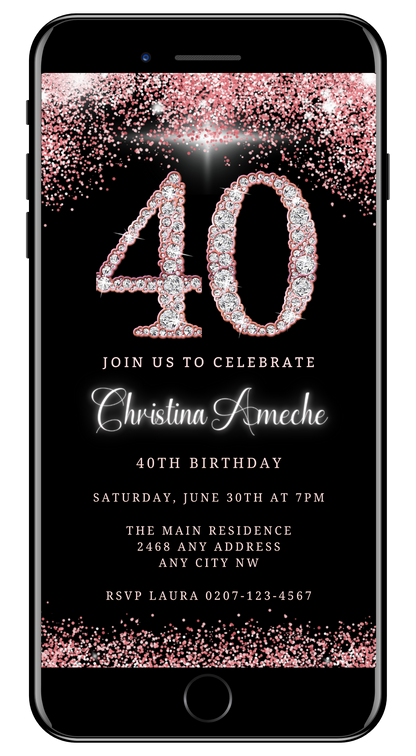 Customizable Digital Rose Gold Glitter Diamond 40th Birthday Evite displayed on a smartphone screen, featuring editable text and diamond accents, available for instant download and personalization.