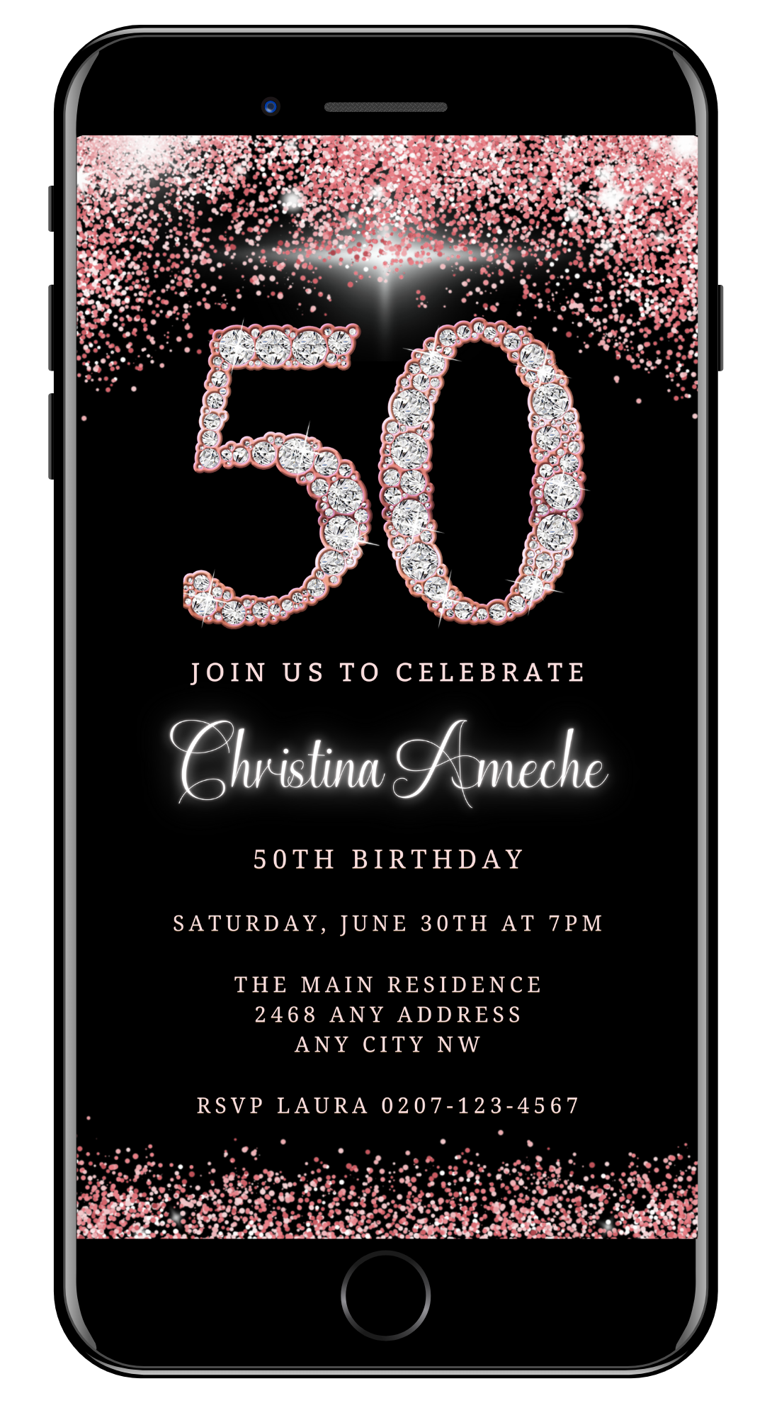 Rose Gold Diamond Glitter 50th Birthday Evite displayed on a smartphone screen, showcasing customizable text and diamond graphics for a digital invitation.