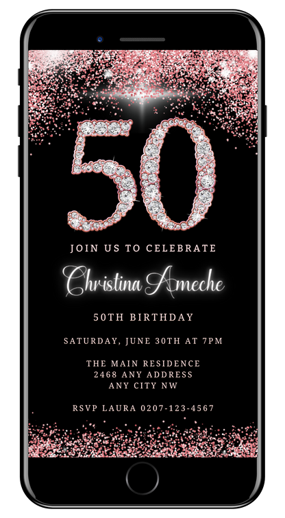 Rose Gold Diamond Glitter 50th Birthday Evite displayed on a smartphone screen, showcasing customizable text and diamond graphics for a digital invitation.