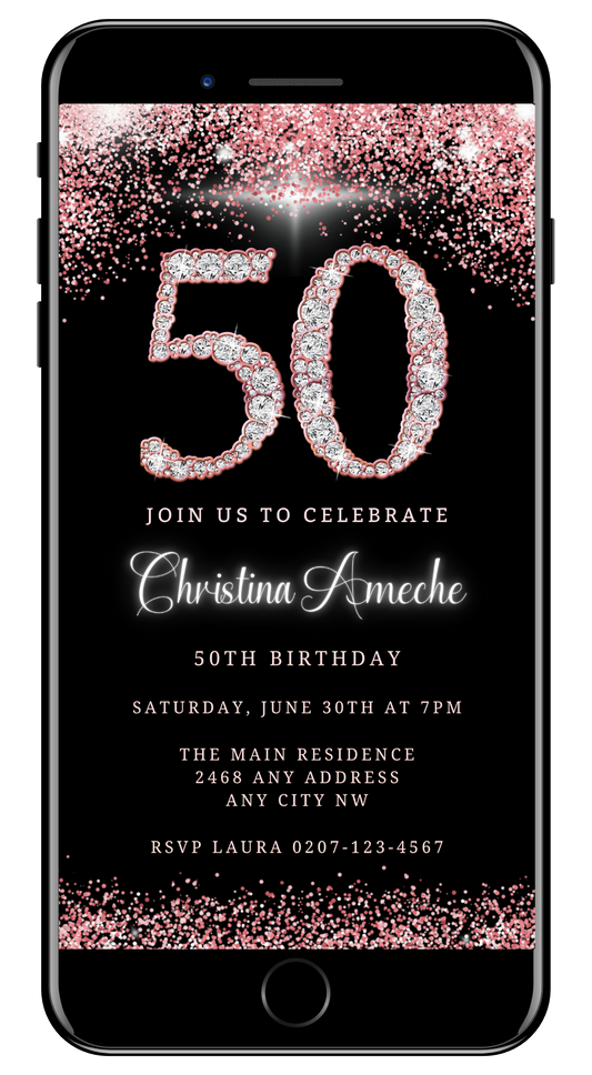 Rose Gold Diamond Glitter 50th Birthday Evite displayed on a smartphone screen, showcasing customizable text and diamond graphics for a digital invitation.