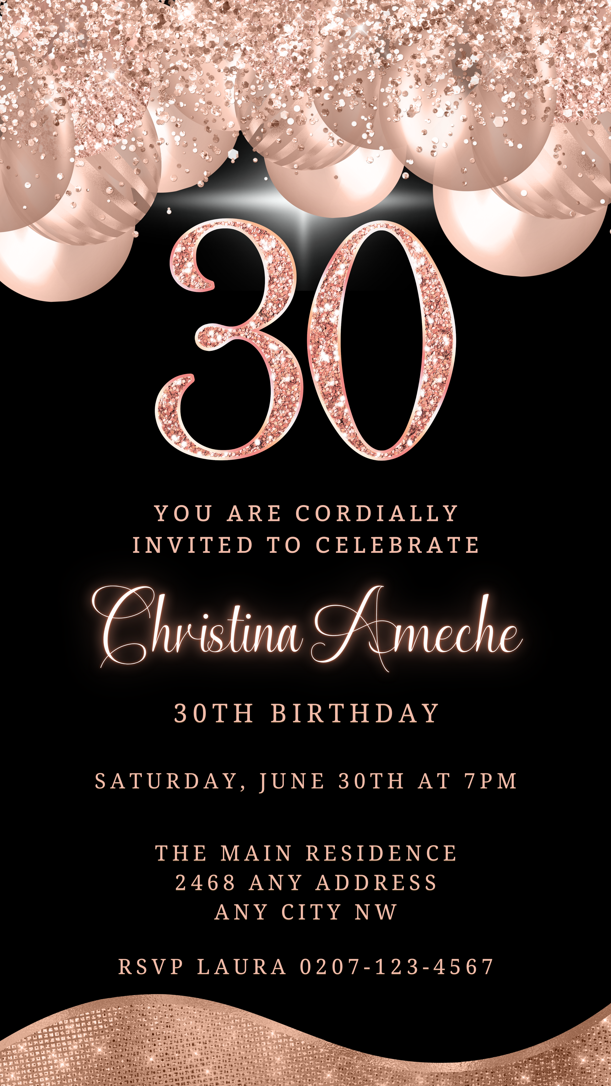Customisable Rose Gold Balloons Glitter 30th Birthday Evite with pink and gold text on black background, featuring glittery numbers and balloons. Download and personalise via Canva.