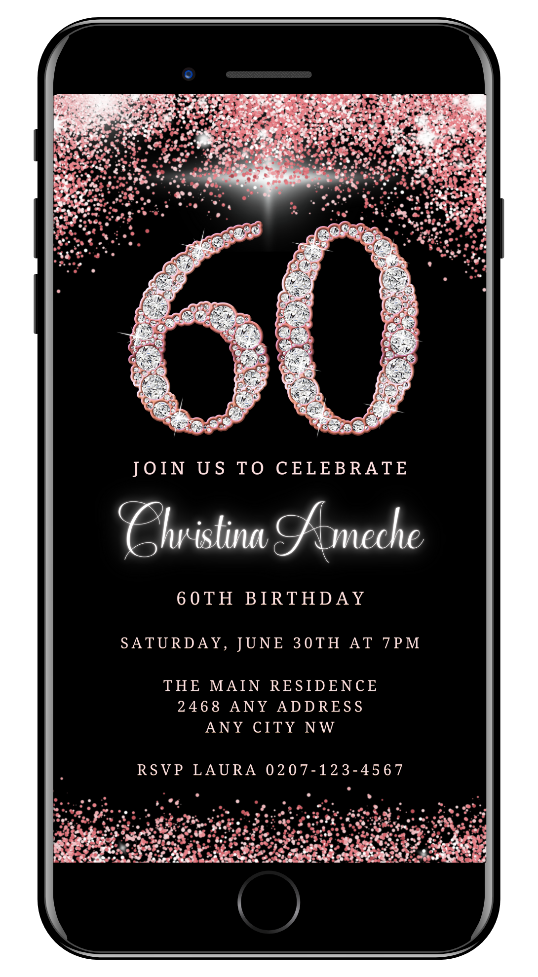 Customizable Rose Gold Diamond Glitter 60th Birthday Evite displayed on a smartphone screen, showcasing editable text and diamond-themed design elements for instant download and personalization.