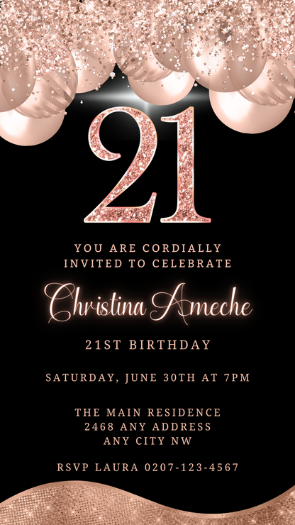 Customizable Rose Gold Balloons Glitter 21st Birthday Evite, featuring black and gold design with pink and gold text, editable via Canva for digital sharing.