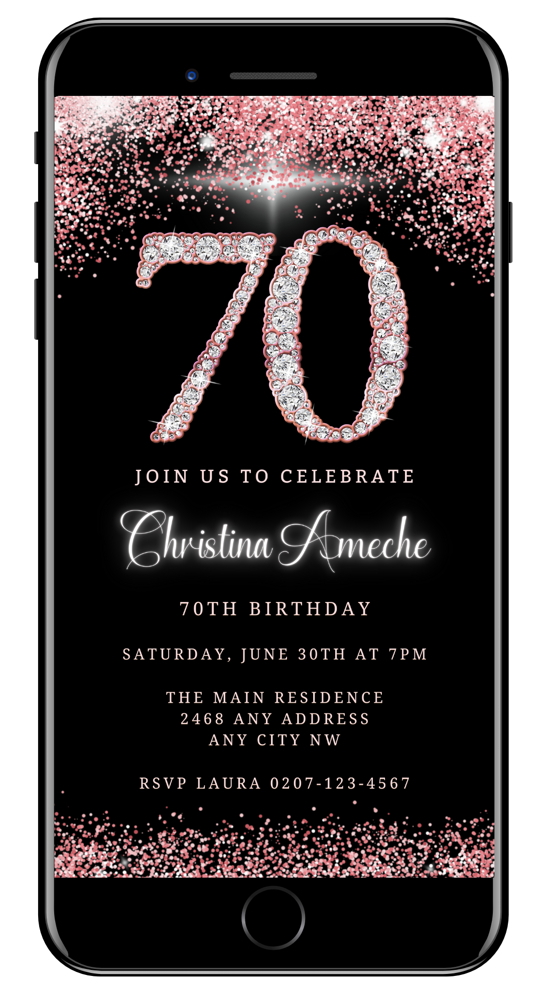 Customisable Digital Rose Gold Diamond Glitter 70th Birthday Evite displayed on a smartphone screen with editable text and design elements for personalisation via Canva.