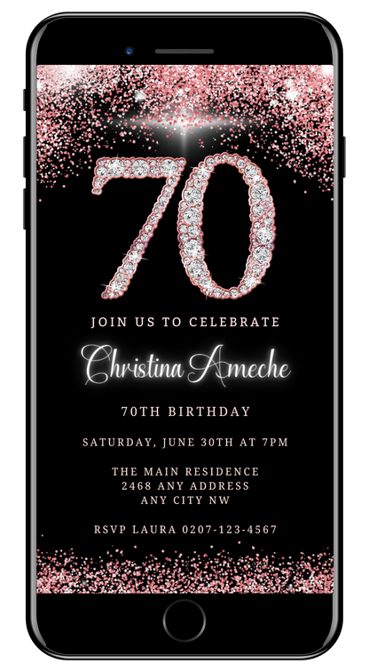 Customisable Digital Rose Gold Diamond Glitter 70th Birthday Evite displayed on a smartphone screen with editable text and design elements for personalisation via Canva.