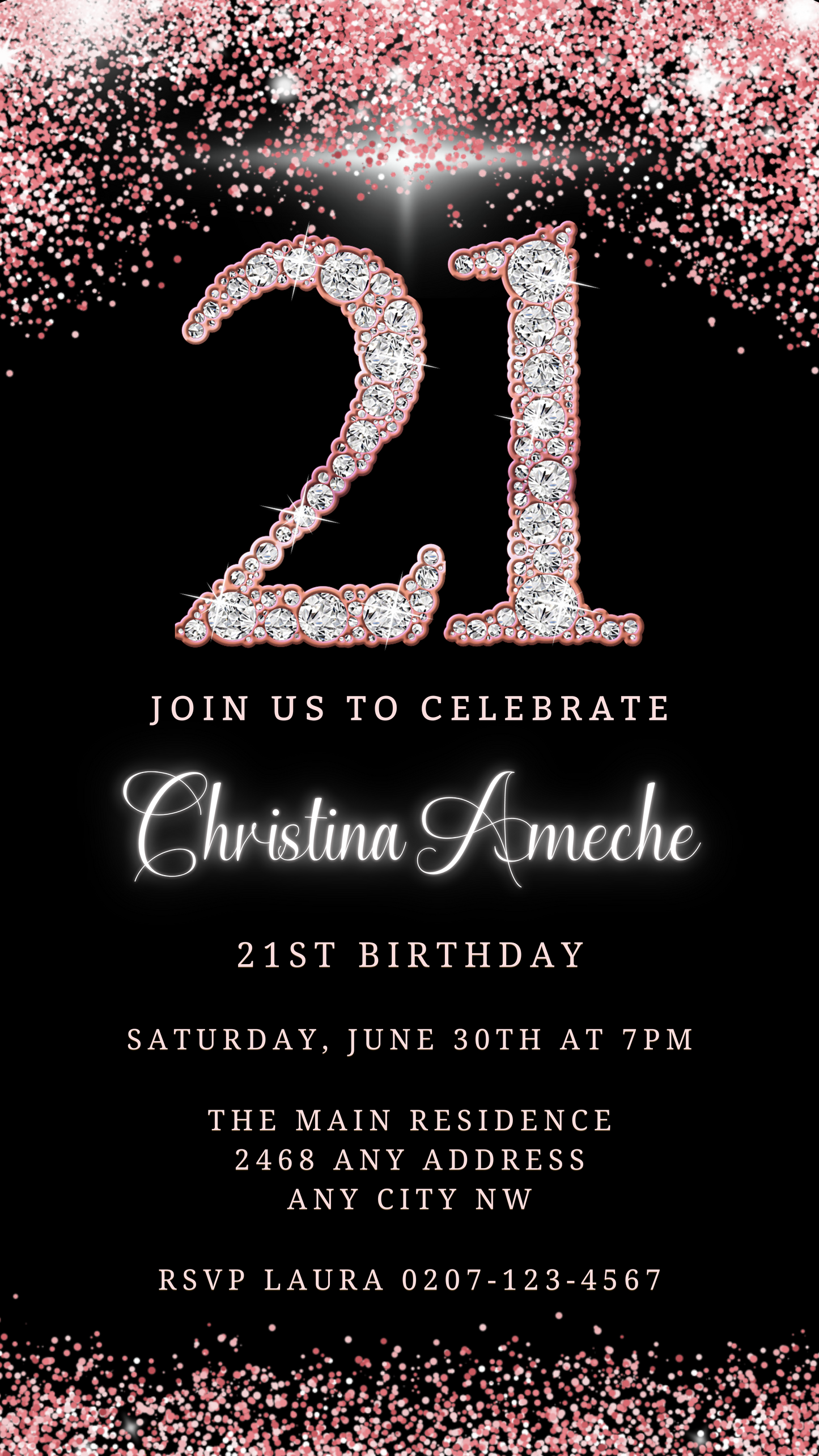 Rose Gold Glitter Diamond 21st Birthday Evite featuring white text on black and gold background, customizable via Canva for digital sharing.