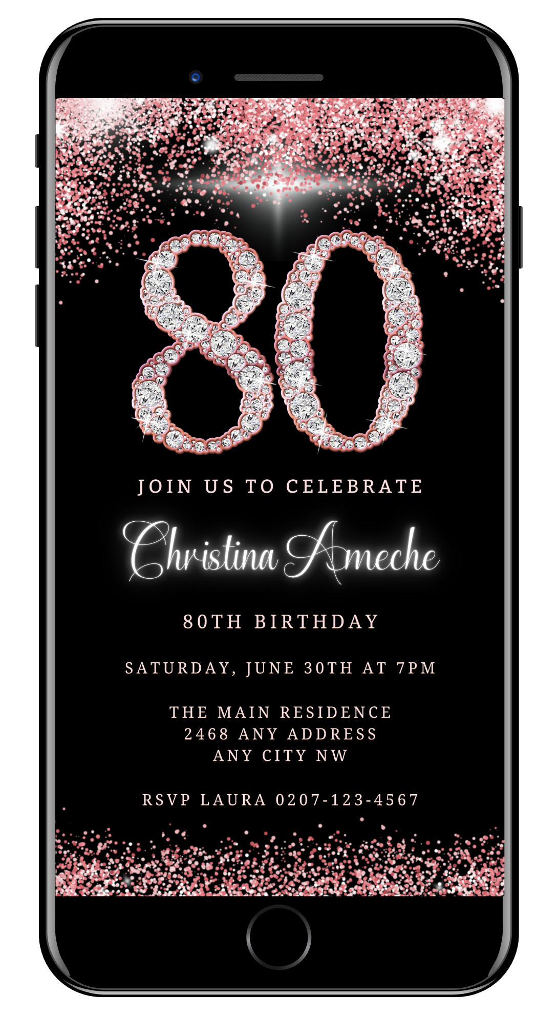 Customizable digital invitation featuring a 80th Birthday text in rose gold glitter with diamond accents, designed for smartphones. Editable via Canva and ideal for electronic sharing.