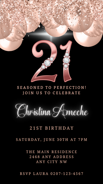 Customizable Rose Gold Balloons Diamond Studs 21st Birthday Evite featuring elegant gold and silver lettering with pearl accents, perfect for digital invitations via Canva.