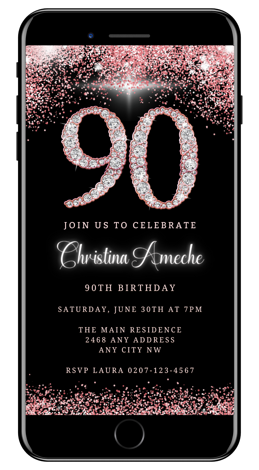 Customisable Rose Gold Diamond Glitter 90th Birthday Evite displayed on a smartphone screen with editable text and diamond accents, designed for easy personalization in Canva.