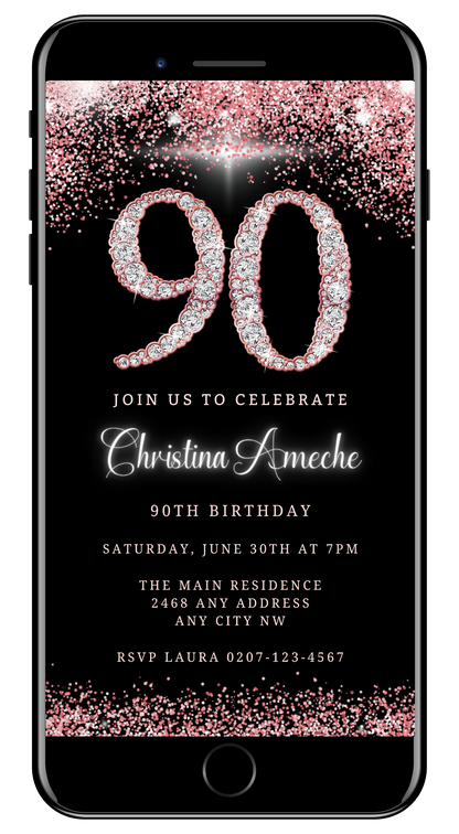 Customisable Rose Gold Diamond Glitter 90th Birthday Evite displayed on a smartphone screen with editable text and diamond accents, designed for easy personalization in Canva.