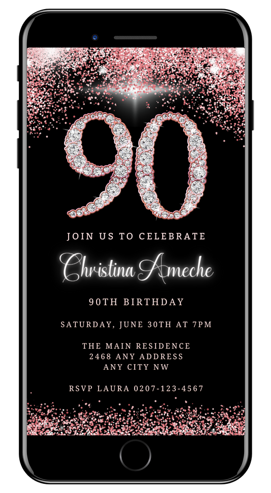 Customisable Rose Gold Diamond Glitter 90th Birthday Evite displayed on a smartphone screen with editable text and diamond accents, designed for easy personalization in Canva.