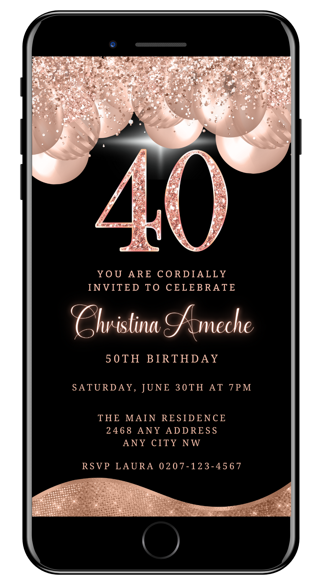 Customizable digital 40th birthday evite with rose gold glitter balloons, editable via Canva, displayed on a smartphone screen.