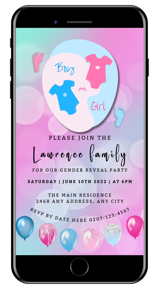 Customisable Digital Pink Blue Baby Grow Bokeh Gender Reveal Evite displayed on a mobile phone, featuring baby onesies and balloons.