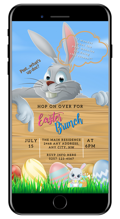 Editable Digital Grey Easter Bunny | Easter Party Evite featuring a cartoon bunny holding a sign with eggs in the background, designed for easy customization on smartphones.