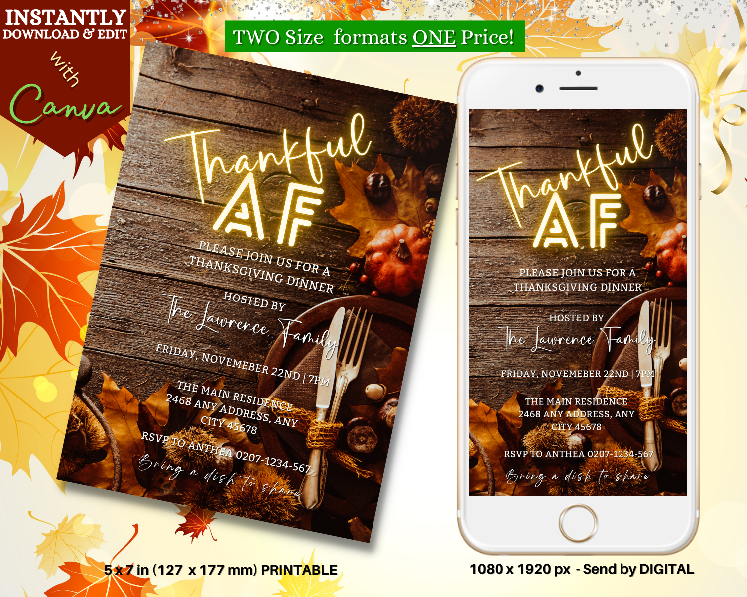 Thankful AF Neon Wooden Table | Thanksgiving Dinner Evite displayed on a phone screen with a customizable template for digital invitations.