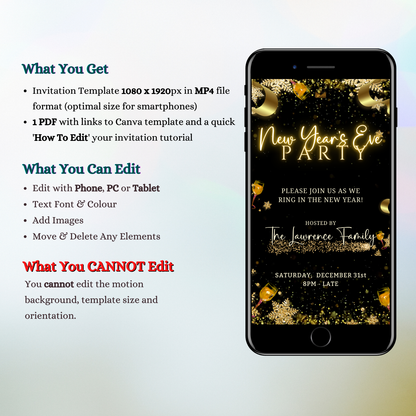 Champagne Theme Glitter New Year’s Eve Animated Invitation displayed on a smartphone screen with golden text and festive elements, highlighting customization features for a stylish celebration.