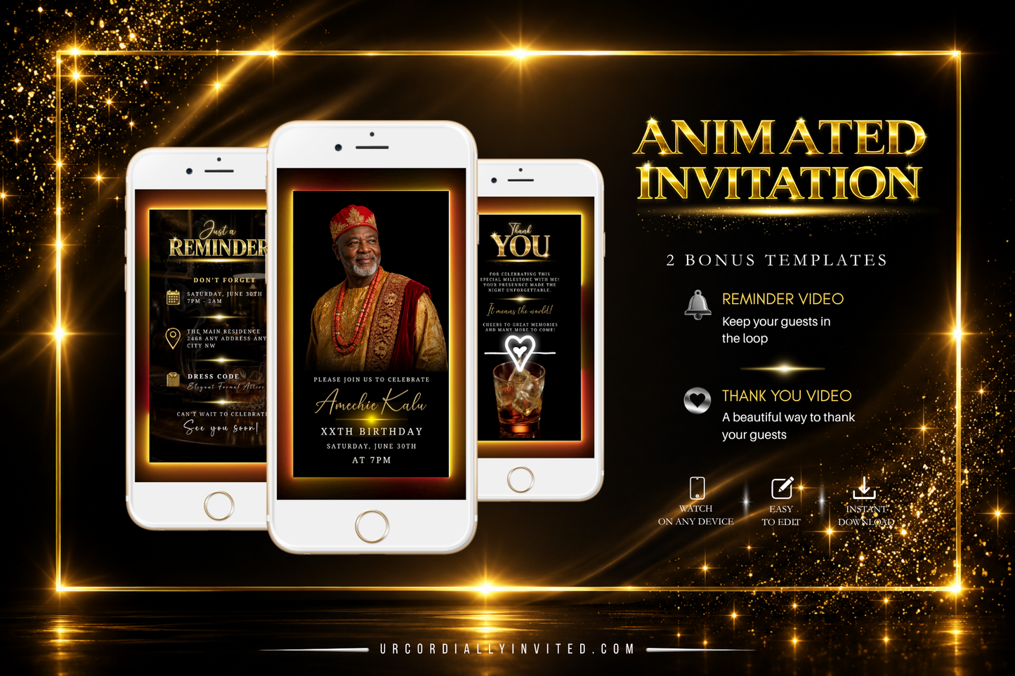 Red Yellow Black Gold Men’s Animated Birthday Invitation Suite With Photo