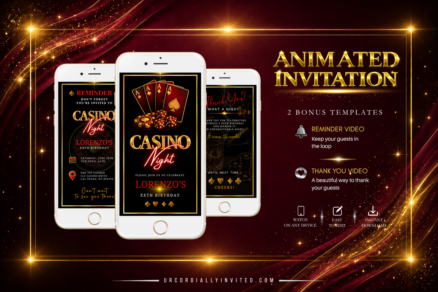 Casino Night Gold & Red Animated Invitation Suite