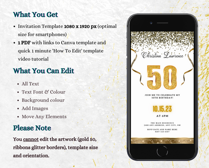 White Gold Confetti 50th Birthday Evite displayed on a smartphone, adorned with gold confetti and ribbons, showcasing a customizable digital invitation template.