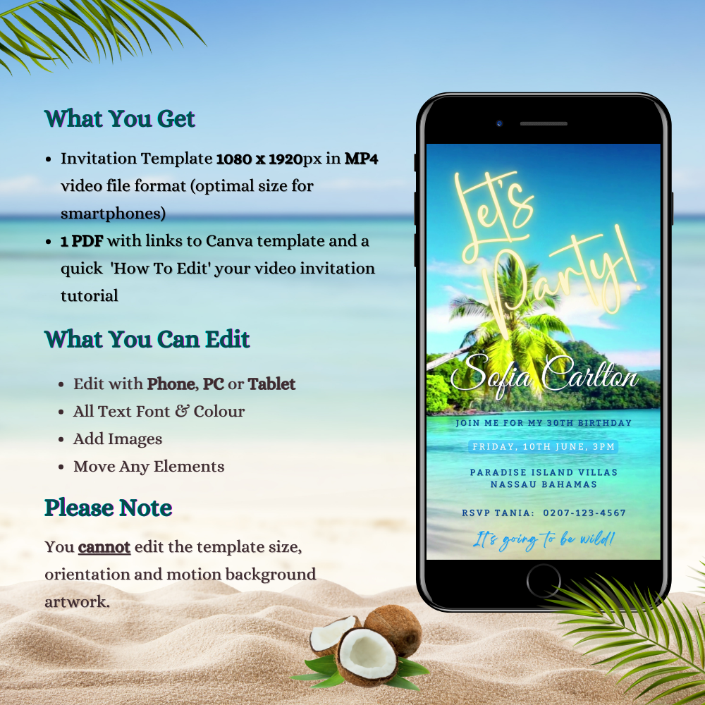 Beach Shore Island | Let's Party Video Invitation displayed on a smartphone, featuring a beach scene with palm trees and coconuts, customizable via the Canva app.