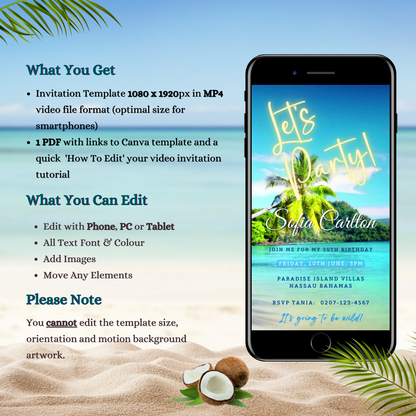 Beach Shore Island | Let's Party Video Invitation displayed on a smartphone, featuring a beach scene with palm trees and coconuts, customizable via the Canva app.