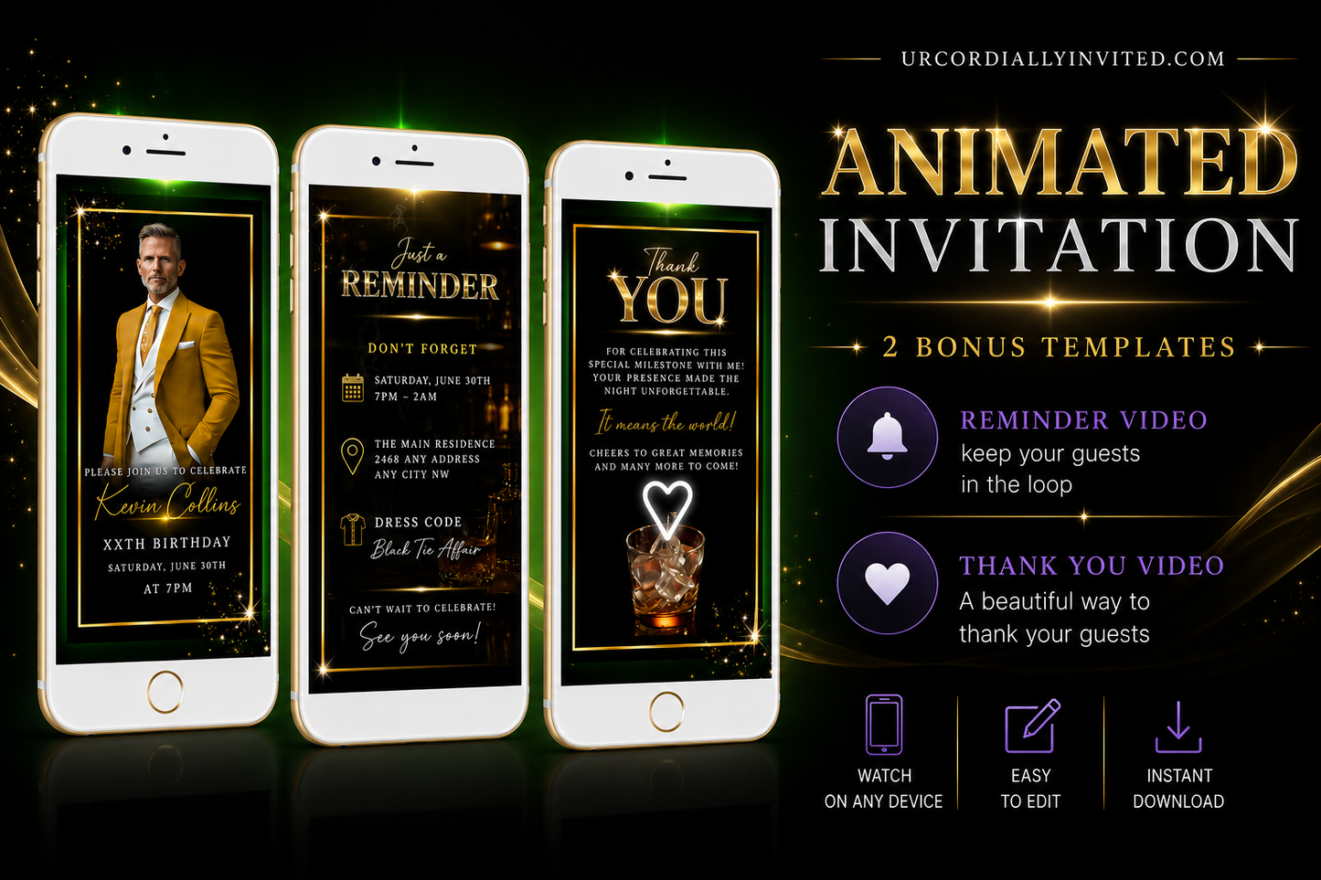 Gold Black Green Luxury Men’s Animated Birthday Invitation Suite
