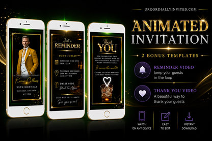 Gold Black Green Luxury Men’s Animated Birthday Invitation Suite