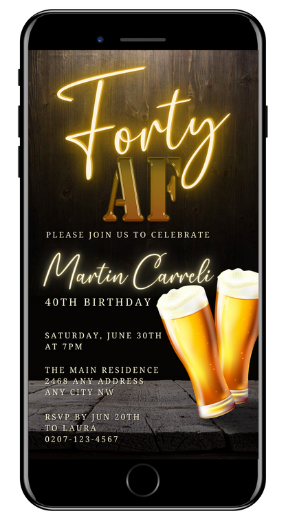 Digital invite on a smartphone screen featuring two beer glasses, customizable for a Forty AF Party. Download, personalize via Canva, and share electronically.