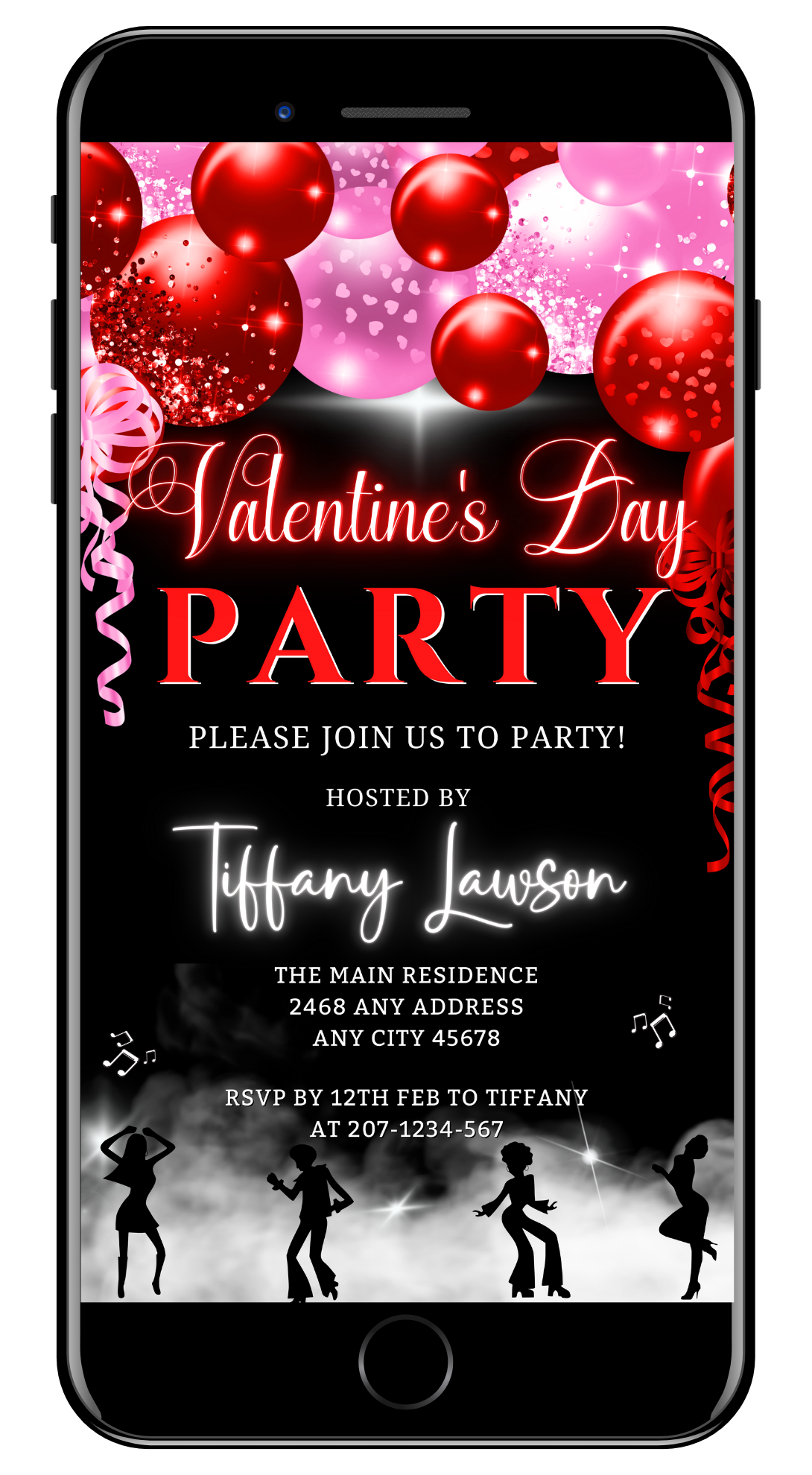 Neon Red Pink Smoking Dancers | Valentines Party Evite, featuring dancing silhouettes, balloons, and editable text for customizable digital invitations via Canva.