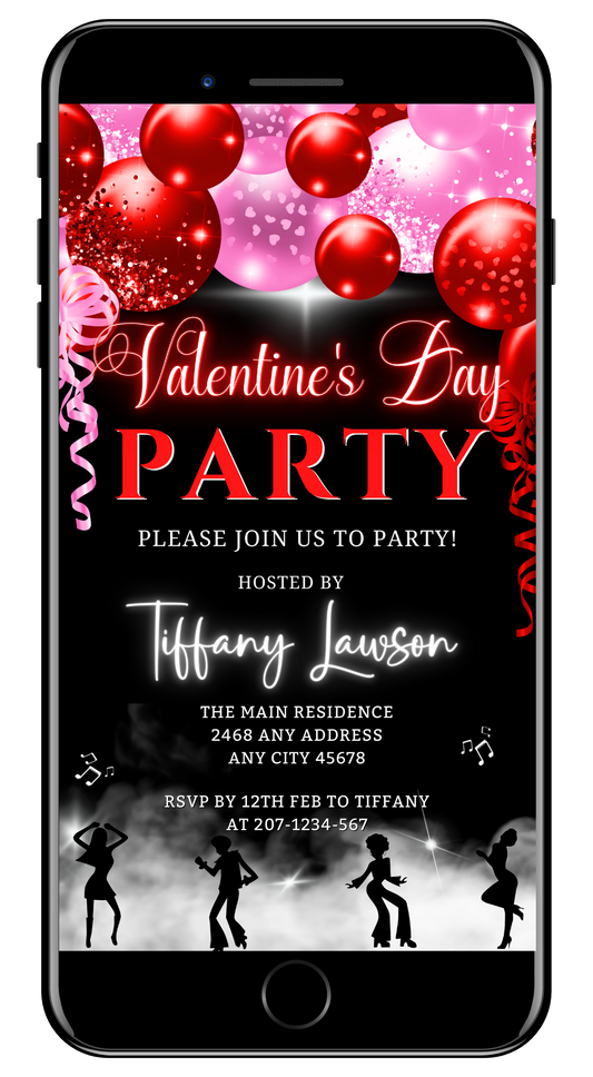 Neon Red Pink Smoking Dancers | Valentines Party Evite, featuring dancing silhouettes, balloons, and editable text for customizable digital invitations via Canva.