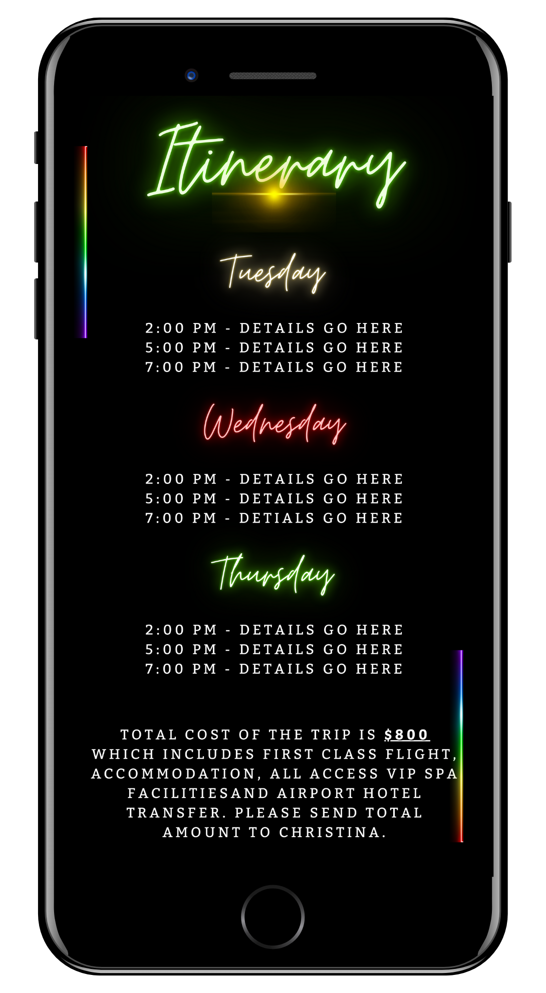 Jamaica Colourful Neon Getaway Party Evite displayed on a smartphone screen, featuring customizable text and neon elements for a vibrant digital invitation.